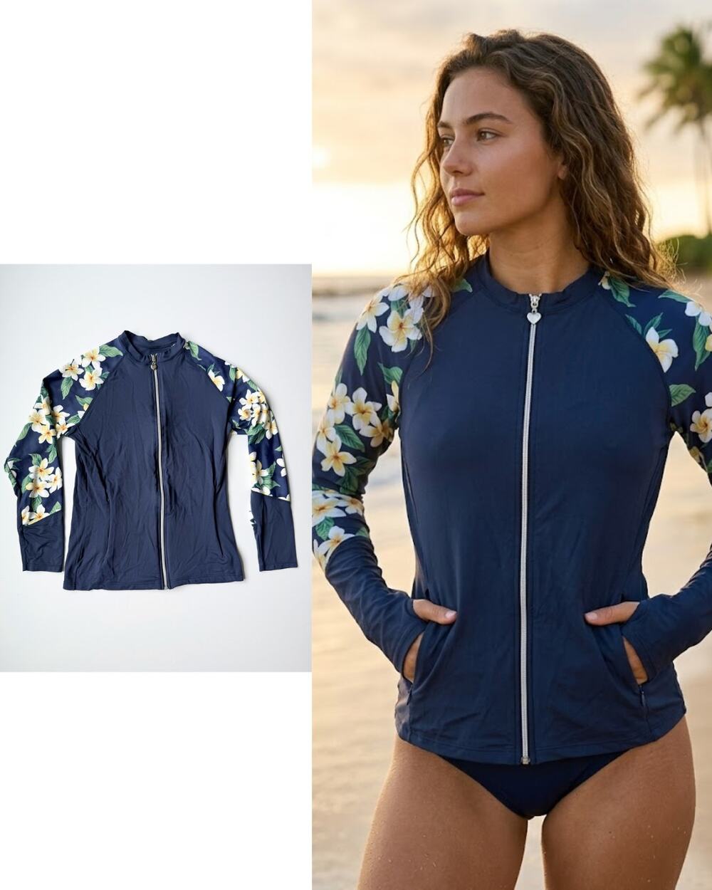 Private Island Hawaii Navy Plumeria Zip Rash Guard Swim Jacket M